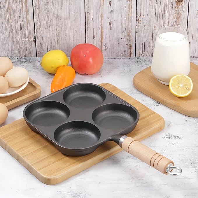 Cast Iron 4-Cup Egg Pan Skillet, Small Omelette Pan, Family Breakfast Pan for Eggs, Pancakes, Sandwich & Bruger, Suitable for Gas Stove and Induction Cooktop, Natural Nonstick with Seasoning, 7.5 inch
