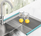 Tomorotec 21" x 15.5" Roll Up Dish Drying Rack Over Sink Drying Rack Sink Cover Kitchen Sink Accessories Gadget Multipurpose Organizer Foldable Stainless Steel Drainer