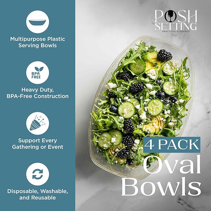 Posh Setting - Disposable Oval Party Bowls, Plastic Serving Bowls - Glitter Gold, 4 Pack