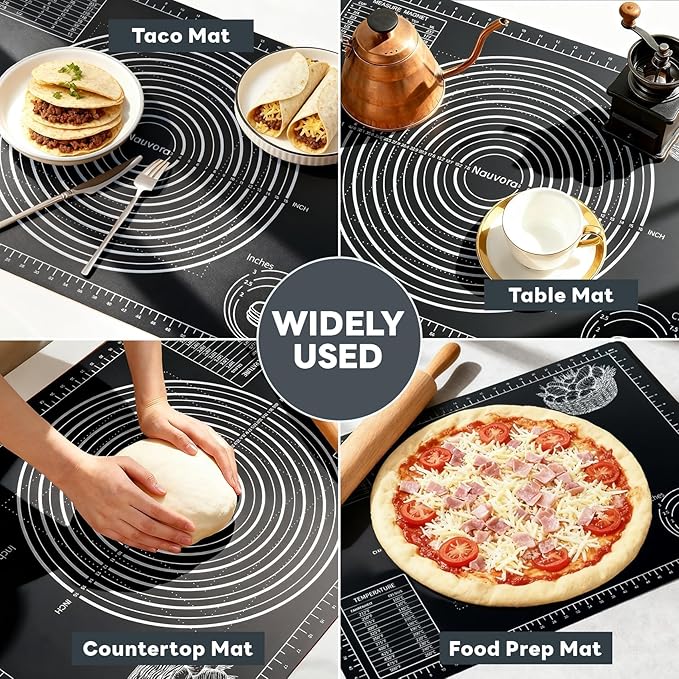 Extra Large Baking Mat - 28" Silicone Pastry Mat, Reusable Non-Stick Dough Mat with Measurement for Fondant, Rolling Dough, Pie Crust, Pizza and Cookies, Black
