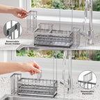 Sponge Holder for Kitchen Sink – Rustproof Stainless Steel with Detachable Drainboard, Brush Rack & Towel Bar | Compact, Non-Slip Design for Countertop Bathroom