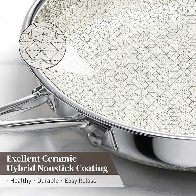 8 Inch Non Stick Frying Pan with Lid, Ceramic Hybrid Tri-Ply Stainless Steel Nonstick Skillet W/Lid, Small No Toxic Cooking Pans Induction Egg Frying Pan W/Stay Cool Handle, PFAS/PFOA/PTFE Free
