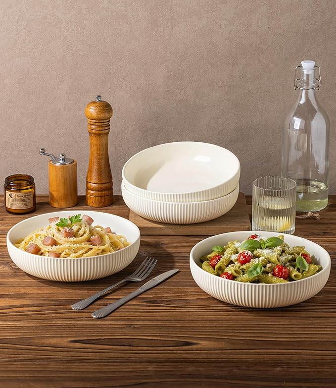theterra 8.5'' Ceramic Pasta Bowls, Salad Bowls Set of 4, Stoneware Serving Bowls for Fruits, Noodle, Dinner, House-warming Wedding Present, Beige