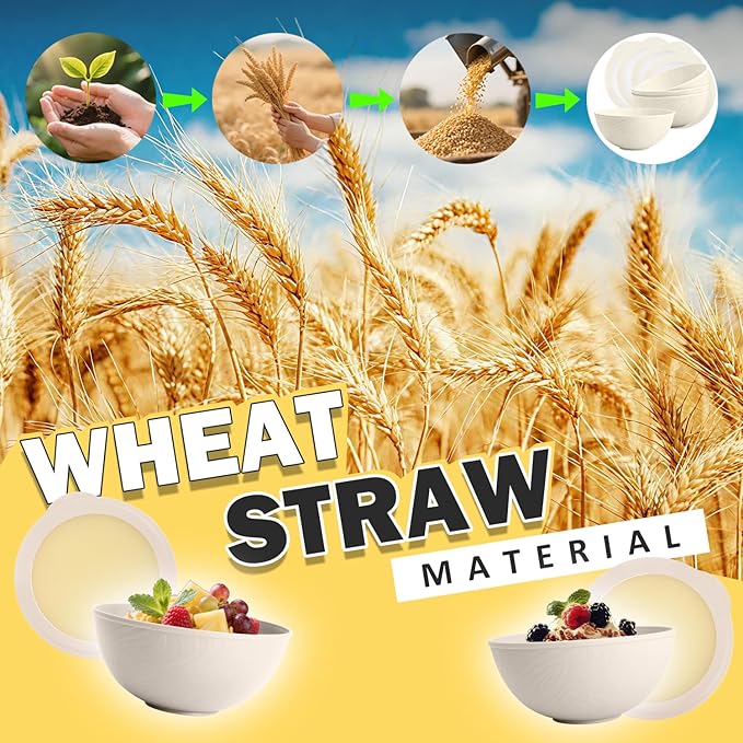 Wheat Straw Bowls Set with Lids, Unbreakable 40 OZ Large Cereal Bowls Set of 4, Salad Container for Lunch, Microwave & Dishwasher Safe Bowl Set for Kitchen, Picnic, RV, Camping, Beige