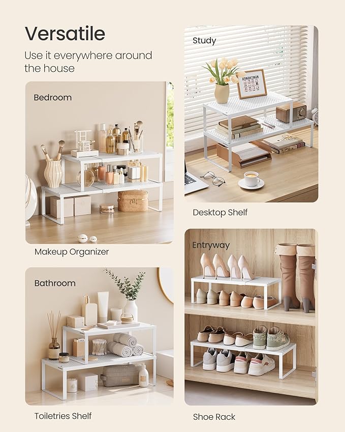 SONGMICS Spice Racks, Set of 3 Expandable Kitchen Countertop Shelves, Small Cupboard Organizers, Metal, Space-Saving Tabletop Shelves, Matte White UKCS403WC01