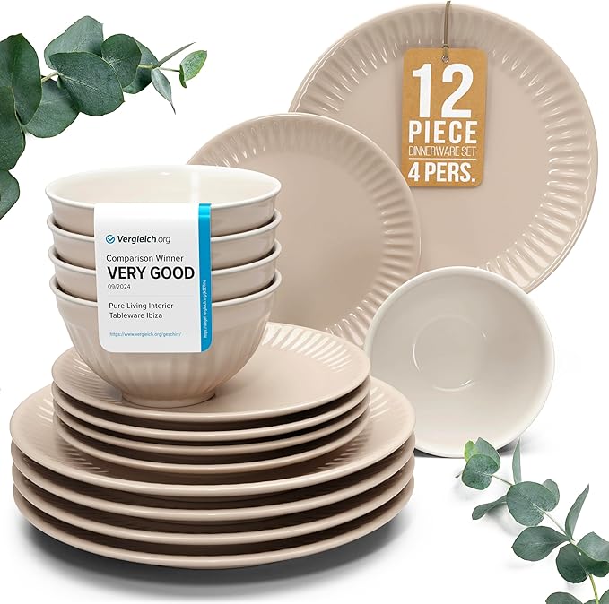 Stoneware Dinnerware Set for 4 People HYGGE 12-Piece - Elegant Scandi Design - Premium Dish Set - Bowl and Plate Set - Tableware for 4 People in a Ribbed Design - Pure Living in Light Brown