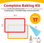 HOTPOP Piping Bags and Tips Set for Macarons - 17-Piece Baking Supplies Kit - Reusable Silicone Pastry Bags - 2 Half-Size Baker Mats - Ideal for Home Pastry Baking (16.5"x11.5")