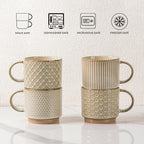 GBhome 12OZ Stackable Coffee Mugs Set of 6, Ceramic Coffee Mugs with Texture Patterns for Man,Woman,Dad,Mom, Modern Coffee Mugs Cups for Latte/Cappuccino/Cocoa. Dishwasher&Microwave Safe, Pale Khaki