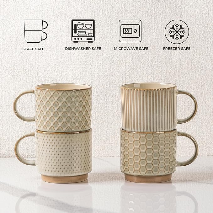 GBhome 6OZ Stackable Coffee Mugs, Ceramic Coffee Mugs with Texture Patterns for Man,Woman,Dad,Mom, Modern Coffee Cups Set of 4 for Espresso/Cappuccino. Dishwasher&Microwave Safe