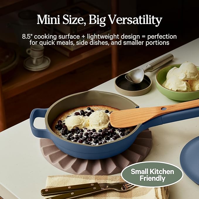 Our Place Mini Always Pan | 8.5" Ceramic Pan with Modular Lid & Beechwood Spatula | Patented 10-in-1 Nonstick, Non-Toxic Cookware Made Without PFAS | Induction & Oven-Safe up to 450°F | Blue Salt