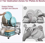 BOOSINY 2 Tier Black Large Stainless Steel Dish Drainers Drying Rack for Kitchen Counter with Drainboard, Rust Proof Metal, Space Saving, Modern Aesthetic, Compact Plates Strainers with Extra Mat