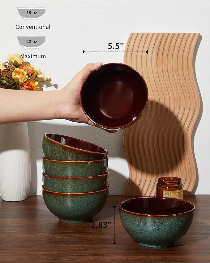 Pokini 5.5" Cereal Bowls & Dessert Bowls Set of 6-22 Oz Small Bowls for Kitchen-Ceramic Bowl for Cereal, Soup, Oatmeal, Salad, Ramen, Noodle, Rice, Yogurt-Dishwasher & Microwave Safe, Brown Green