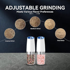 Gravity Electric Salt and Pepper Grinder set of 2, Automatic Salt And Pepper Grinder Set, Adjustable Roughness, Battery Powered, LED Light, 2 Pack, (White)