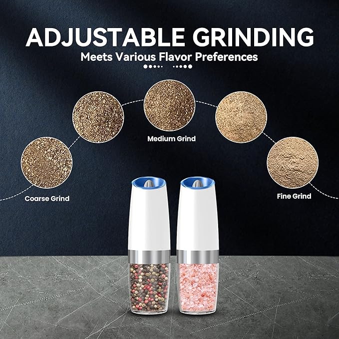 Gravity Electric Salt and Pepper Grinder set of 2, Automatic Salt And Pepper Grinder Set, Adjustable Roughness, Battery Powered, LED Light, 2 Pack, (White)