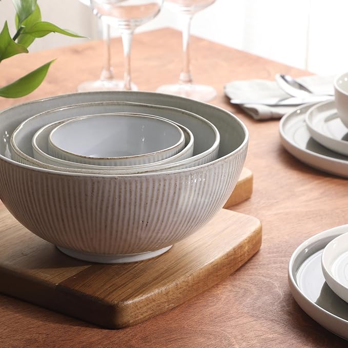 Gibson Elite Sandy Pines 4 Piece Nesting Bowl Set, 4”, 5.5”, 7” & 9” Round Stoneware Bowls, Reactive Glaze Finish, Taupe, Mixing, Prep & Serving Bowls, Microwave & Dishwasher Safe