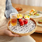 Round Rattan Tray with Mother of Pearl Inlay, Rattan Serving Tray for Coffee, Bread, Fruits, Decorative Wicker Tray for Table Decor, Home Decor, Kitchen Island Decor (Dark Blue Fish, 11.8")