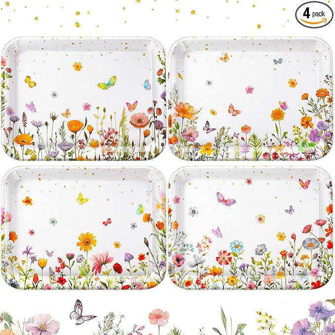 4 Pieces Wildflower Serving Trays Flower Melamine Platters Reusable Rectangle Party Trays for Spring Summer Floral Theme Party Food Dessert Serving Supplies, 13 x 9.7 inch