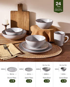Famiware Venus Speckled Dinnerware Set, 24-Piece Stoneware Dishes for 6, Matte Light Gray - Includes Pasta Bowls & Dinner Plates for Everyday Meals or Formal Dining, Microwave & Dishwasher Safe