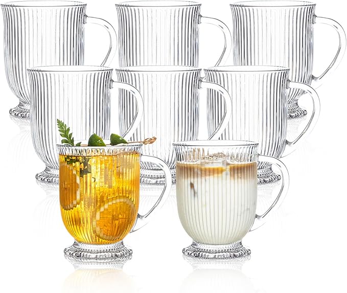KEMORELA Glass Coffee Mugs Set of 8, Ribbed Large Coffee Mug 16 Oz With Handles for Hot Beverages, Clear Mugs for Tea, Cappuccino, Latte, Espresso Coffee, Glass Coffee Cups Large Coffee Mug