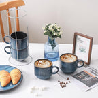 HASENSE 15 Oz Ribbed Stackable Coffee Mug Set of 4, Ceramic Latte Cups with Metal Stand, Dishwasher & Microwave Safe, Navy Blue for Cappuccino Tea Hot Cocoa