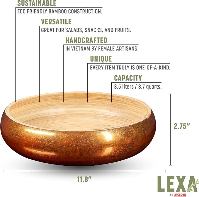 LEXA 12" Handmade Copper Bamboo Wooden Fruit Bowl for Kitchen Counter - 130 oz Lightweight Large Bamboo Wood Salad Bowl