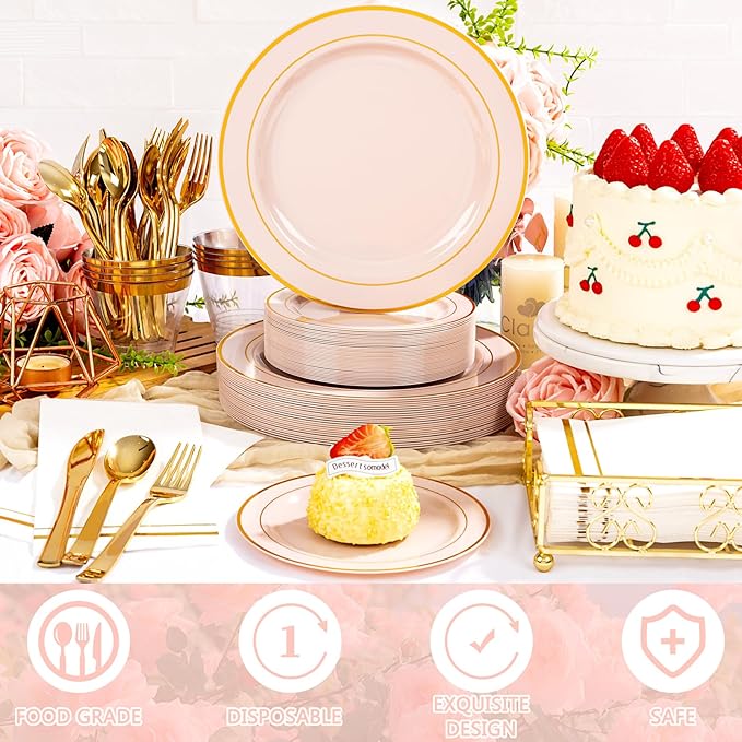 GATHER 700PCS Pink Plastic Plates - Gold Rim Disposable Plastic Dinnerware Set Include 200 Pink Plates, 300 Silverware, 100 Napkins, 100 Cups for Party & Wedding & Mother's Day