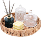 Round Woven Coffee Table Ottoman Tray with Handles - 11.8" x 1.9" Water Hyacinth Wicker Serving Tray, Decorative Storage Basket for Home & Kitchen.