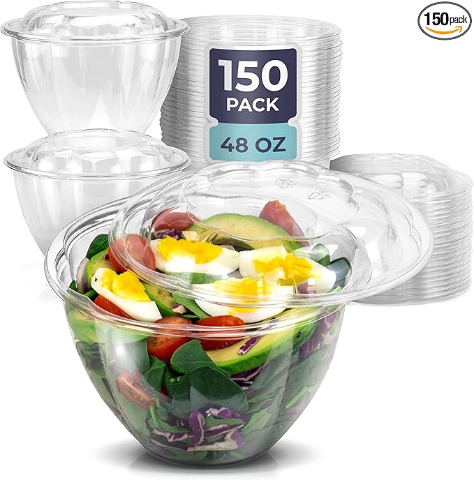 Fit Meal Prep 150 Pack 48 oz Disposable Plastic Clear Salad Bowls with Airtight Lids - To Go for Lunch, Takeout, Party, Catering, Picnic