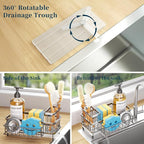 Consumest Sponge Holder for Kitchen Sink - Auto Draining Sink Caddy Organizer with Detachable Rack, High Brush Holder, Kitchen Countertop Storage Accessories, Silver