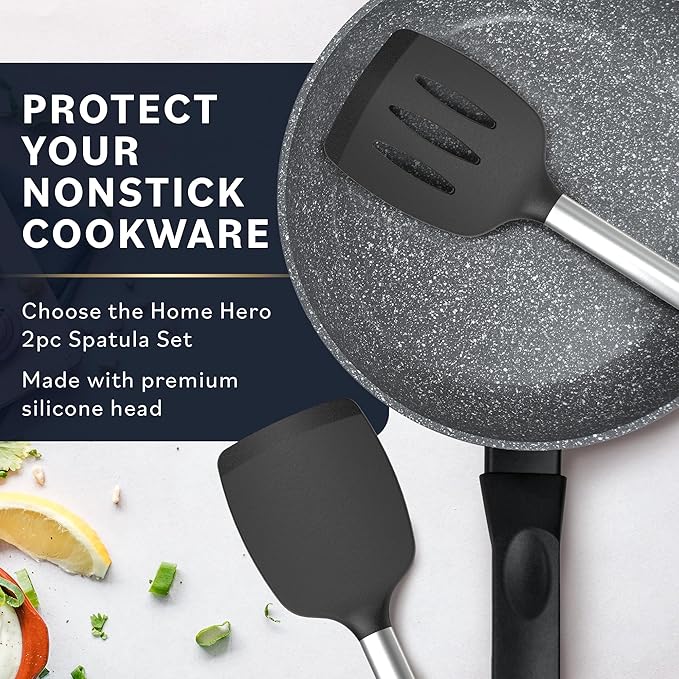 Home Hero Silicone Spatula Set - Heat Resistant Spatulas for Cooking - Ergonomic Stainless Steel Cooking Utensils - Solid & Slotted Silicone Turners - Pack of 2, Black
