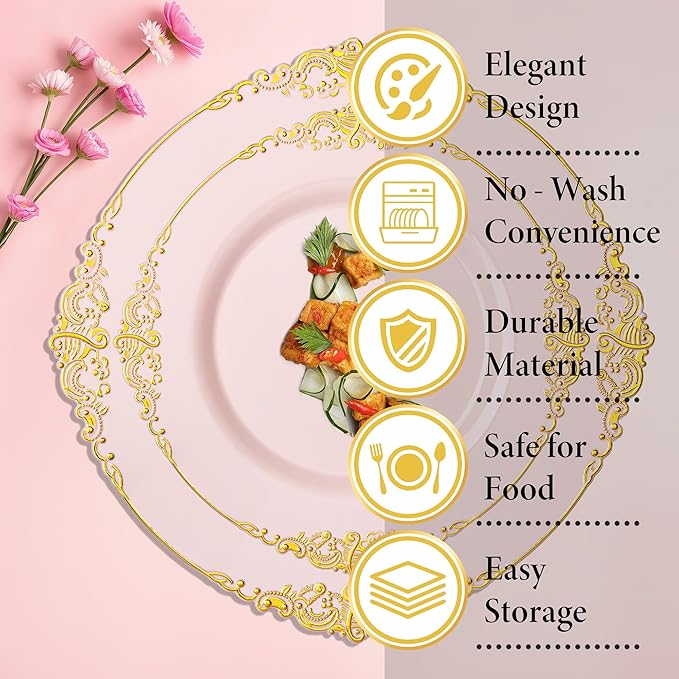 Nervure 350PCS Pink Plastic Plates - Pink Plastic Dinnerware Sets for 50 Guests - 100 Disposable Plates, 150 Gold Silverware, 50 Cups, 50 Napkins Perfect for Wedding & Party & Mother's Day