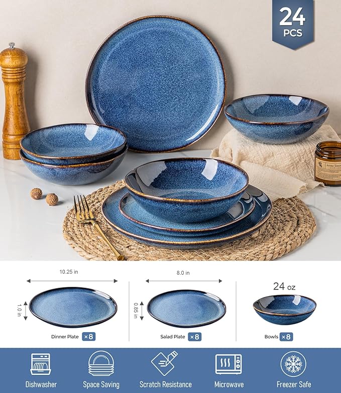 GBHOME Stoneware Dinnerware Sets for 8, 24 Pieces Rustic Ceramic Plates and Bowls Set, Handmade Reactive Glaze Plate Sets, Highly Chip Resistant Dishes, Microwave & Dishwasher Safe, Sea Blue