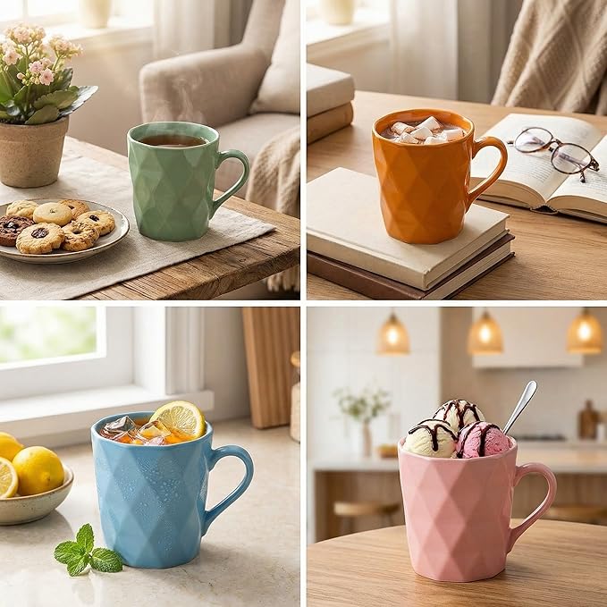 11 Ounce Porcelain Mugs, Set of 6, Tea and Cocoa Mug Set, Multicolor, Matte