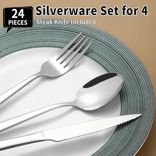 24 Piece Silverware Set for 4, Prendcyx Stainless Steel Flatware Set with Steak Knives, Food-Grade Tableware Cutlery Set Includes Forks Spoons Knives, Mirror Polished, Dishwasher Safe