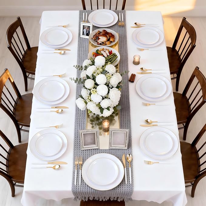 DaYammi 30 Guests Gold Plastic Plates with Disposable Silverware,Gold Cutlery with White Handle,White Disposable Dinnerware:60 Dinner/Dessert Plates,90 Plastic Silverware Set,Gold Plate for Party