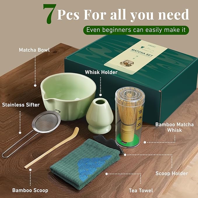 Matcha Whisk Set,7 PCS Ceramic Matcha Kit Includes Matcha Bowl with Spout, Matcha Whisk and Holder, Bamboo Scoop, Stainless Sifter, Tea Towel, Unique Gift for Matcha Lovers (Green)
