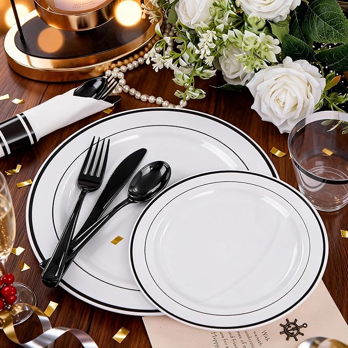 WELLIFE 210Pcs Black Plastic Dinnerware with Pre Rolled Napkins, Include:30 Dinner Plates, 30 Dessert Plates, 30 Paper Napkins, 30 Cups, 90 Plastic Cutlery