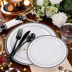 WELLIFE 210Pcs Black Plastic Dinnerware with Pre Rolled Napkins, Include:30 Dinner Plates, 30 Dessert Plates, 30 Paper Napkins, 30 Cups, 90 Plastic Cutlery
