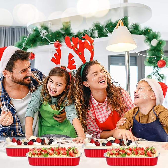 Disposable Mini Cake Pans with Lids 100 Pack,LNYZQUS 6.8oz Rectangle Mini Loaf Pan Baking Cups Muffin Tin,Aluminum Foil Cupcake Baking Tins Containers for Christmas New Year-Red