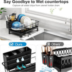 GSlife Small Dish Drying Rack for Kitchen Counter with Drainboard - Compact Dish Drainer for RV, Camper and Apartment, Rust-Resistant Wire Rack with Utensil Holder, 15"L x 10"W, Black