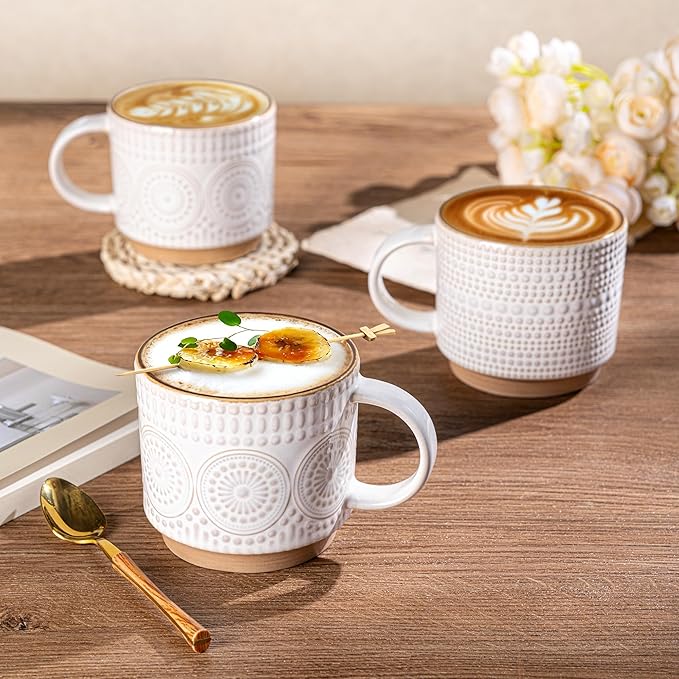 GBhome 12OZ Stackable Coffee Mugs, Ceramic Coffee Mugs with Texture Patterns for Man,Woman,Dad,Mom, Modern Coffee Mugs Set of 4 for Latte/Cappuccino/Cocoa. Dishwasher&Microwave Safe