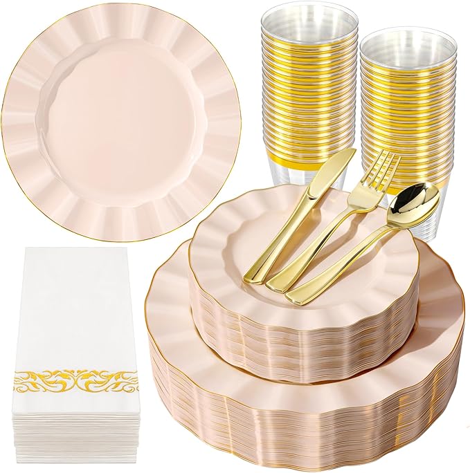 175PCS Gold and Pink Plastic Dinnerware Set, Plastic Party Plates for 25 Guests, 50 Disposable Plates, 25 Heavy Duty Silverware, 25 Cups, 25 Napkins for Party and Wedding