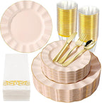 175PCS Gold and Pink Plastic Dinnerware Set, Plastic Party Plates for 25 Guests, 50 Disposable Plates, 25 Heavy Duty Silverware, 25 Cups, 25 Napkins for Party and Wedding