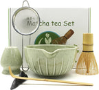 Matcha Whisk Set 7 Pcs - Ceramic Matcha Set with Bowl, Whisk, Holder, Bamboo Scoop, Rest, Sifter, and Tea Towel – Elegant Matcha Kit Gift for Women