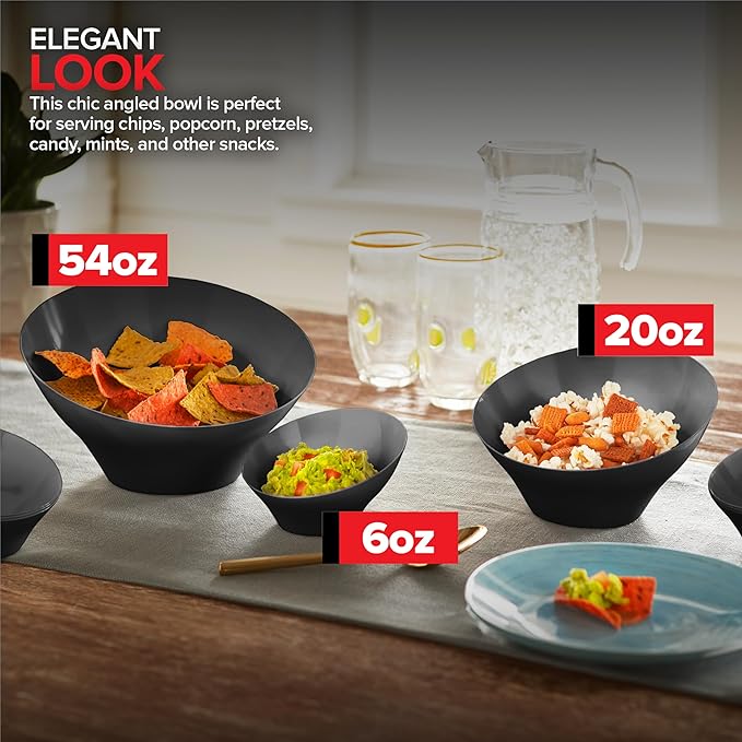 54oz Black Plastic Serving Bowls (4 Pack) Large Disposable Snack Bowl Candy Dishes, Buffet Containers, Chips, Popcorn, Snacks, Punch, Salad Bar, Parties, Office Desk, Bridal Shower, Party Supplies