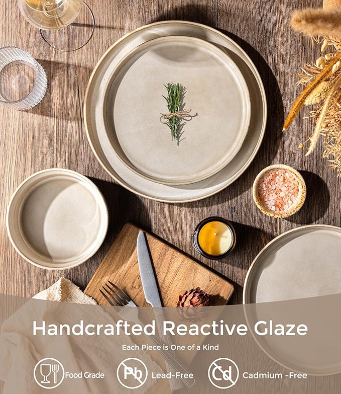 GBHOME 12-Piece Stoneware Dinnerware Set for 4 – Ribbed Ceramic Plates and Bowls, Scratch-Resistant, Microwave & Dishwasher Safe, Reactive Glaze, Cappuccino