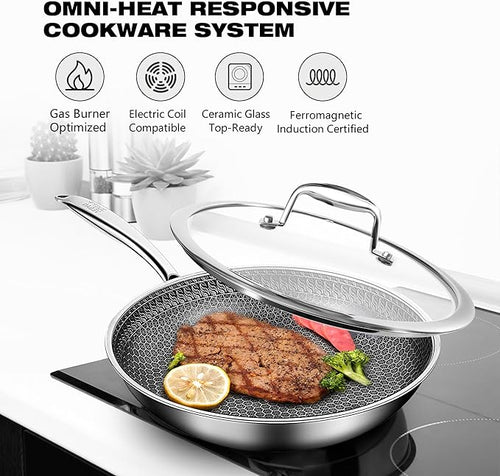 10-inch/11-inch Stainless Steel Skillet with Lid, Nonstick Frying Pan - Induction Ready, Oven & Dishwasher Safe, PFOA/PTFE Free for Gas/Electric/Ceramic Cooktops (10 inch+Lid)