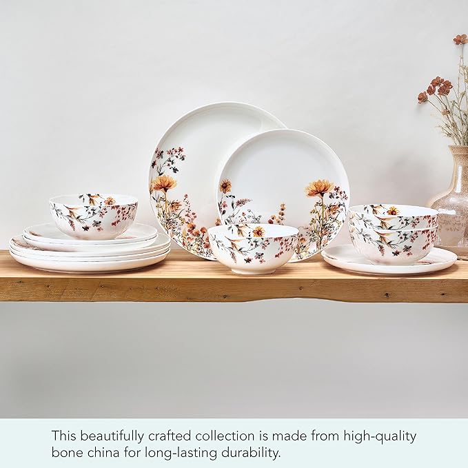 Mikasa Wildflower Bliss 12 Piece Floral Bone China Durable Chip Resistant Lightweight Dinnerware Set, Service for 4