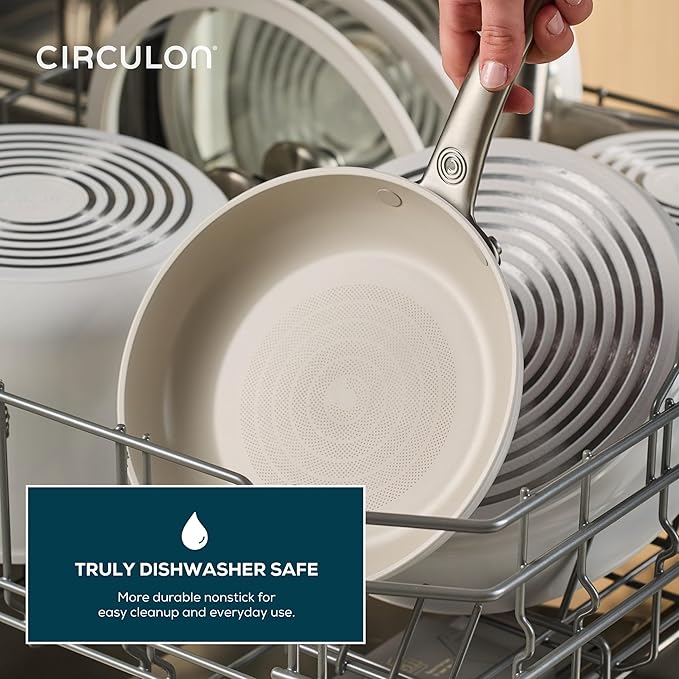 Circulon Halo with LaserDefense Ceramic Nonstick 10 Inch and 12 Inch Frying Pans with Lids, Made without PFAS, Compatible with All Stovetops,Dishwasher and Oven Safe,4 Piece Cookware Set - Pearl White