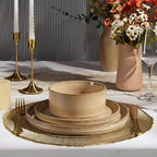 E-far Stoneware Dinnerware Sets for 2, 6-Piece Plates and Bowls Sets, Chip & Scratch Resistant Ribbed Dish Set for Home Restaurant, Microwave & Dishwasher Safe, Caramel Khaki